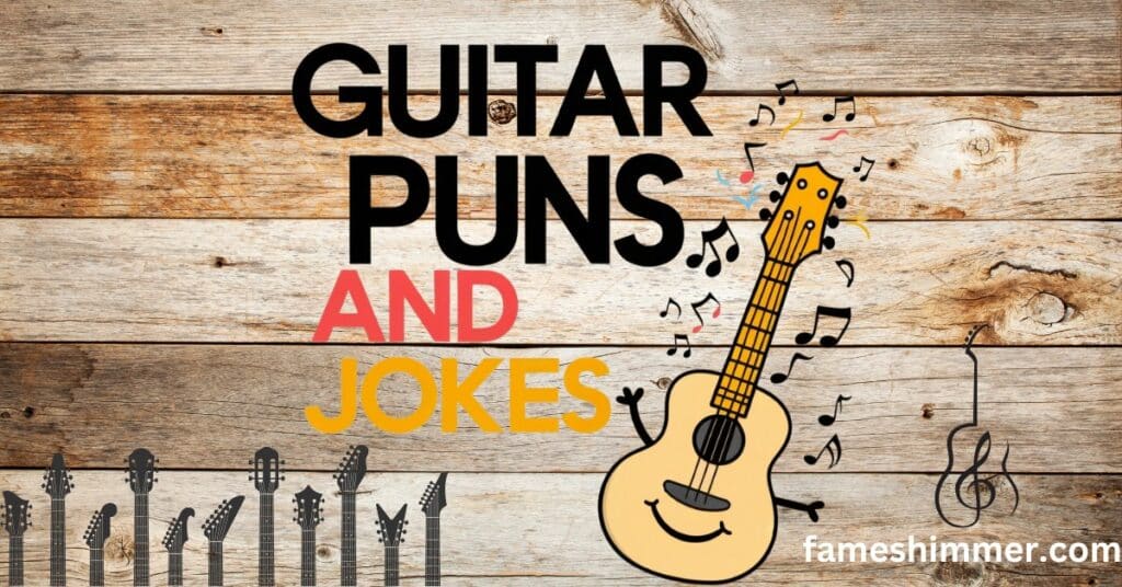 An assortment of witty guitar puns and jokes illustrated in a vibrant and engaging design.
