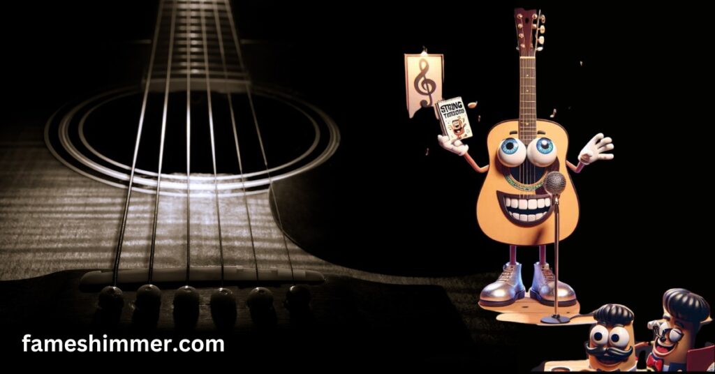 A whimsical cartoon character joyfully poses with a bright cartoon guitar, creating a lively and fun atmosphere.
