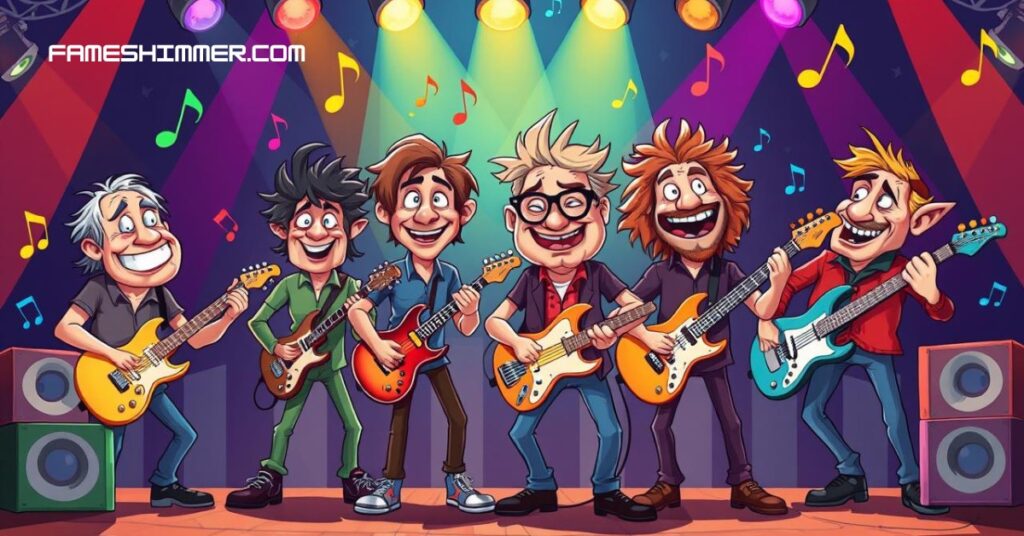 Cartoon musicians playing instruments on stage, creating an engaging atmosphere filled with rhythm and excitement.