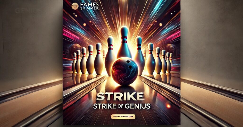 An eye-catching bowling alley poster showcasing various bowling balls and a dynamic depiction of a successful strike.