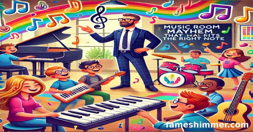  An educational poster showcasing a teacher and children harmoniously playing music, fostering creativity and collaboration.
