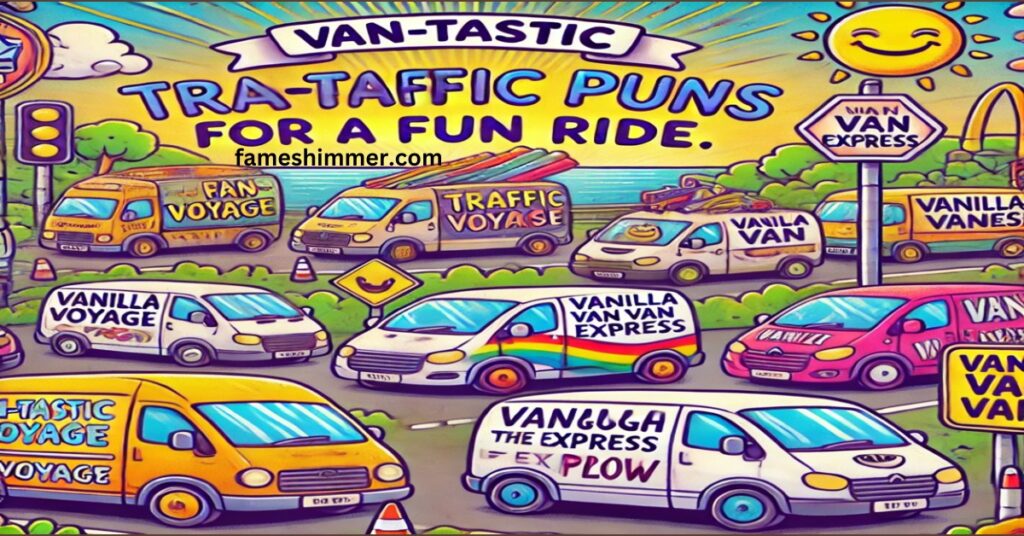 A colorful poster featuring various vans and cars, prominently displaying the word "van" in a bold, eye-catching font.
