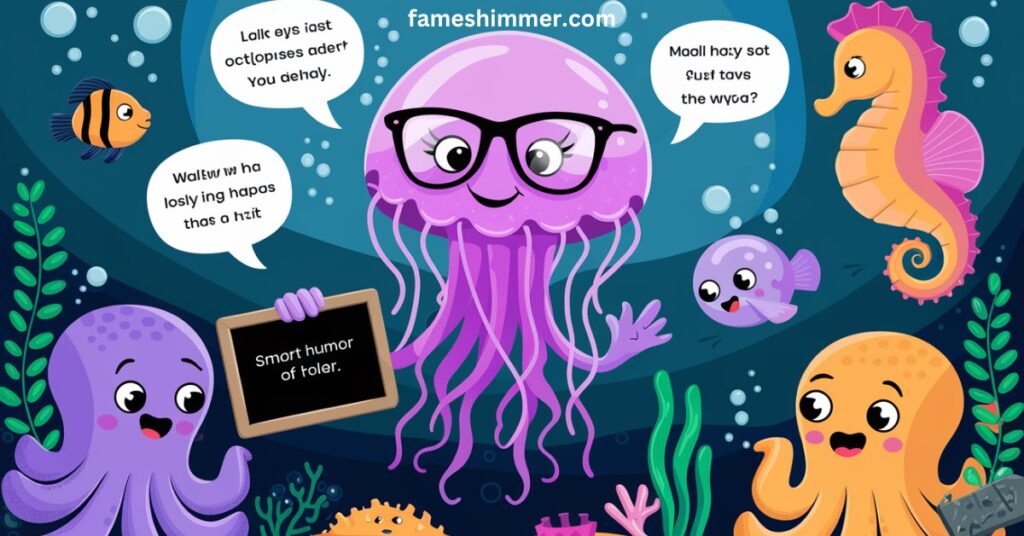 A jellyfish wearing glasses stands in front of a blackboard, creating a whimsical and educational atmosphere.