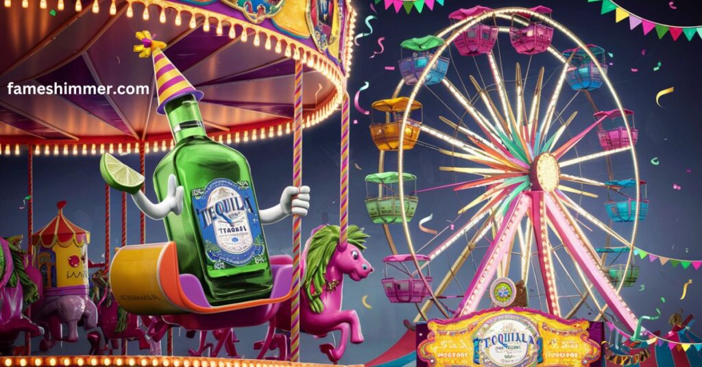 A vibrant carnival ride featuring a bottle of beer placed prominently on the seat, capturing a festive atmosphere.