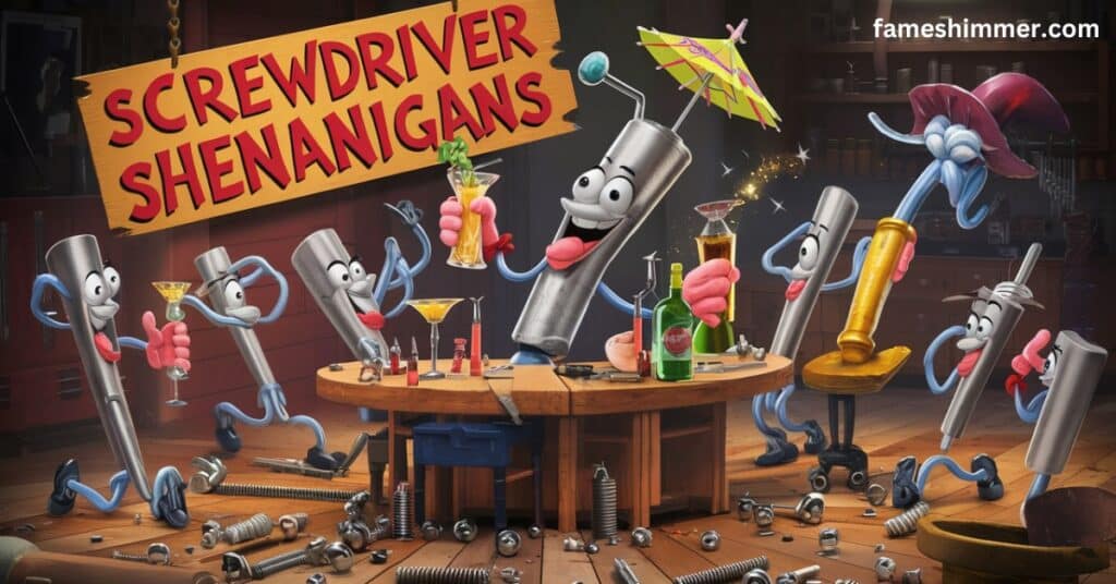 A playful scene featuring a screwdriver being used in unexpected and humorous ways, showcasing creativity and fun at Tool Puns.