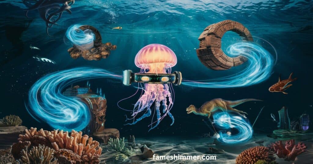 An enchanting underwater scene featuring jellyfish gracefully floating among various vibrant sea creatures.
