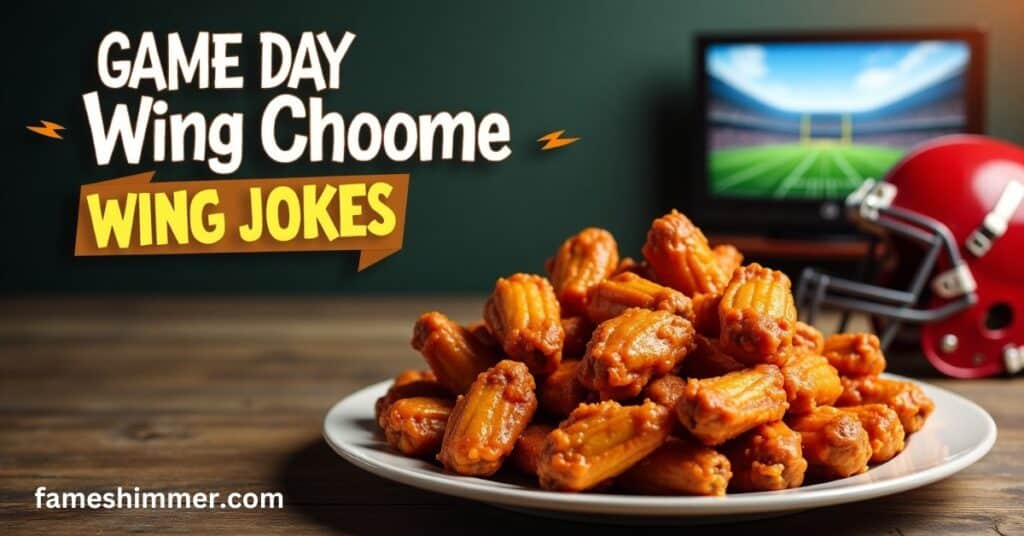 An engaging image showcasing game day wings alongside witty jokes, embodying the fun atmosphere of sports gatherings.