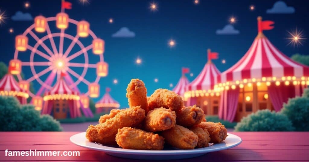  A plate of fried chicken sits in front of a colorful Ferris wheel, creating a vibrant and appetizing scene.