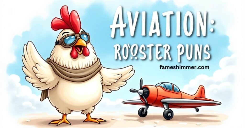  A cartoon rooster wearing pilot goggles, surrounded by humorous aviation puns, creating a lighthearted and fun atmosphere.
