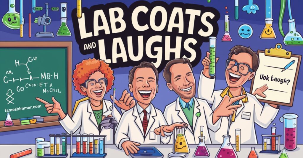 A vibrant podcast scene featuring hosts in lab coats, sharing laughter and engaging discussions on science and research.