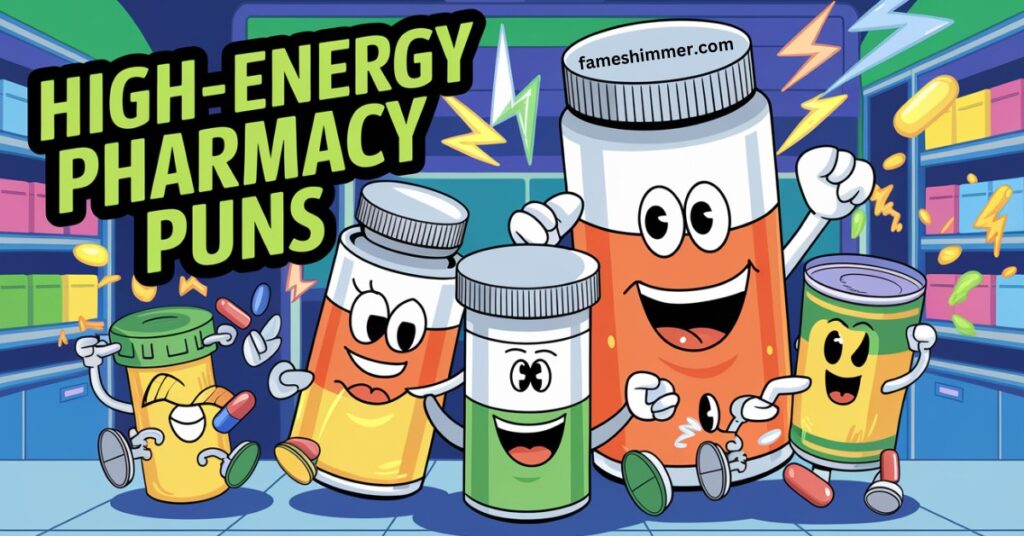  A lively display of pharmacy puns, showcasing colorful graphics and humorous phrases that bring joy and laughter.