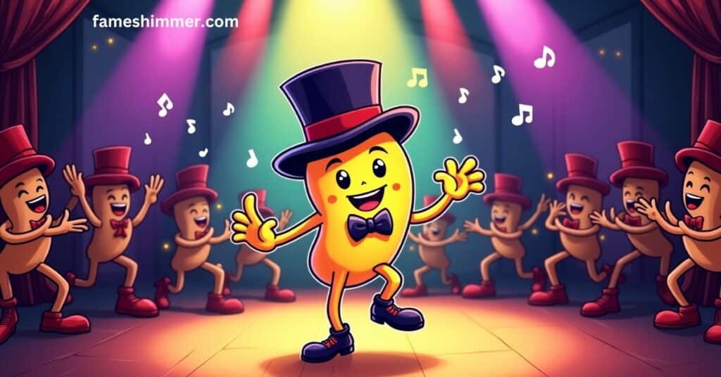 A cartoon character in a top hat joyfully dancing, showcasing a lively and whimsical expression.