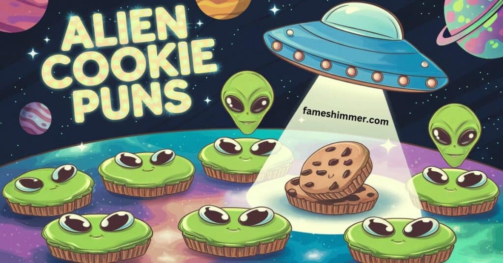 A whimsical illustration featuring alien-themed cookie puns created by artist Joshua Klein, showcasing humor and creativity.
