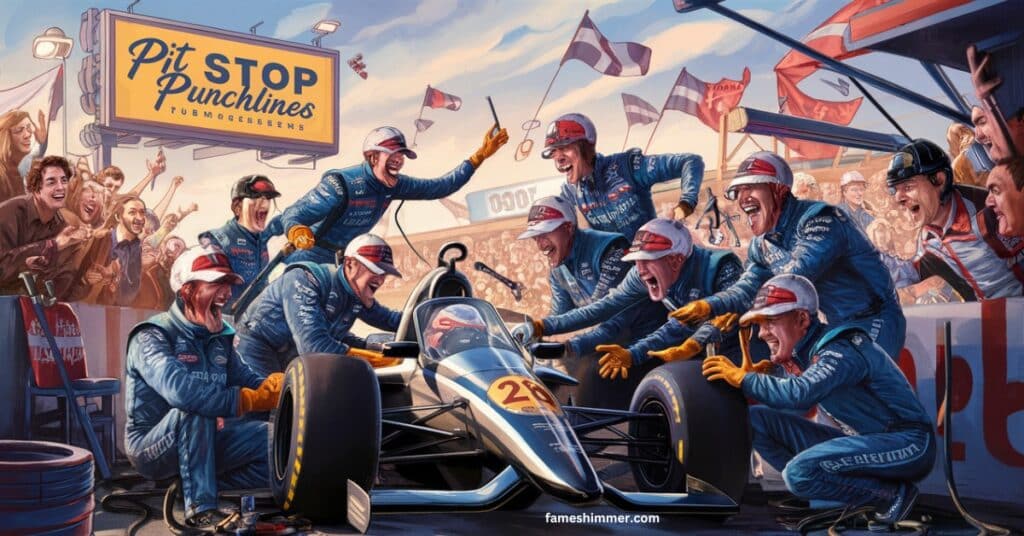 An artwork illustrating a team of men engaged in the construction of a race car, showcasing teamwork and dedication.