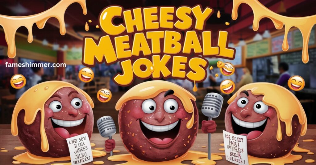 A humorous illustration featuring cheesy meatball jokes, showcasing playful text and cartoon meatballs with smiles.
