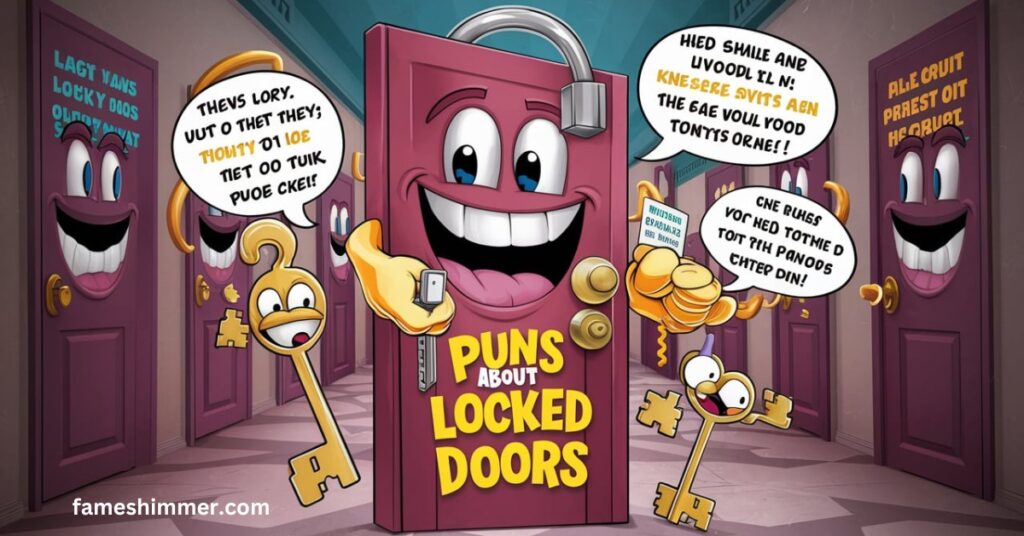 A whimsical cartoon door adorned with a sign stating "Puns are locked doors," representing the playful nature of wordplay.