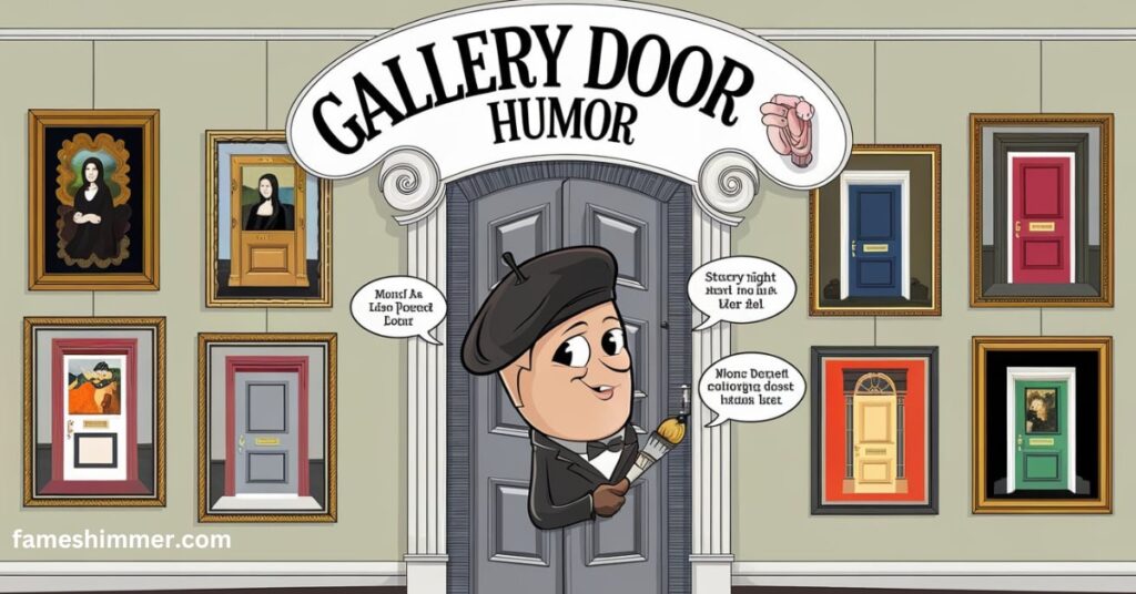 A creatively designed gallery door featuring humorous elements, enticing guests to enter and enjoy the artistic experience.