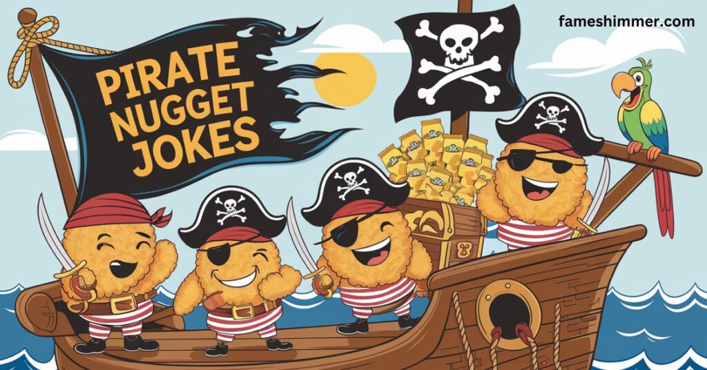 A whimsical pirate figure delivering amusing nuggets of humor, surrounded by treasure chests and playful sea imagery.
