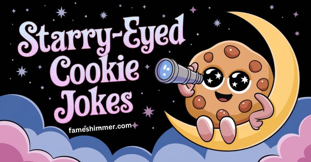 Cheerful cookies with starry eyes exchanging jokes, set against a vibrant, whimsical background filled with laughter.