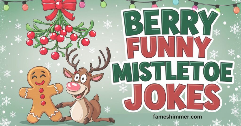 A whimsical illustration featuring berries and mistletoe, accompanied by humorous text about holiday jokes.