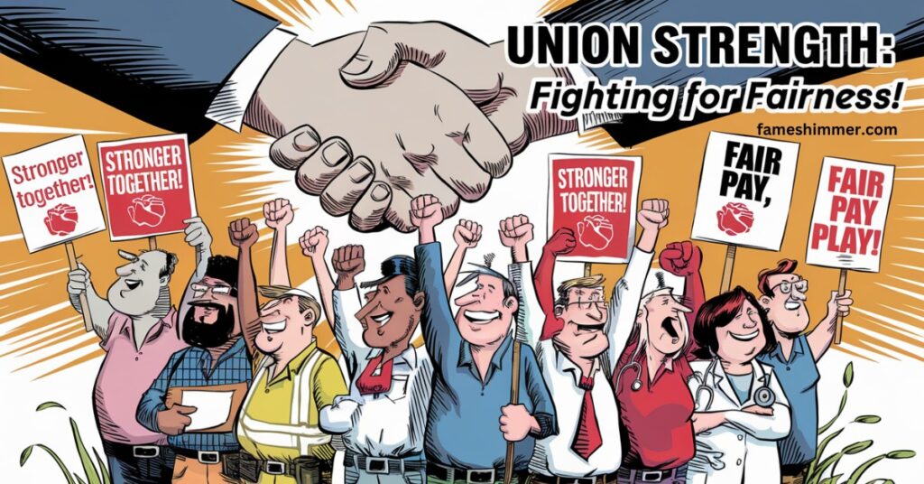 A diverse group of union members united, raising their fists in solidarity, advocating for fairness and workers' rights.