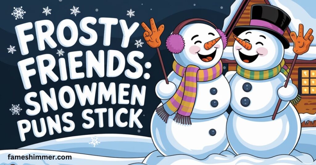 Two whimsical snowmen, each with a stick, showcasing frosty friendship and humor in a snowy landscape.