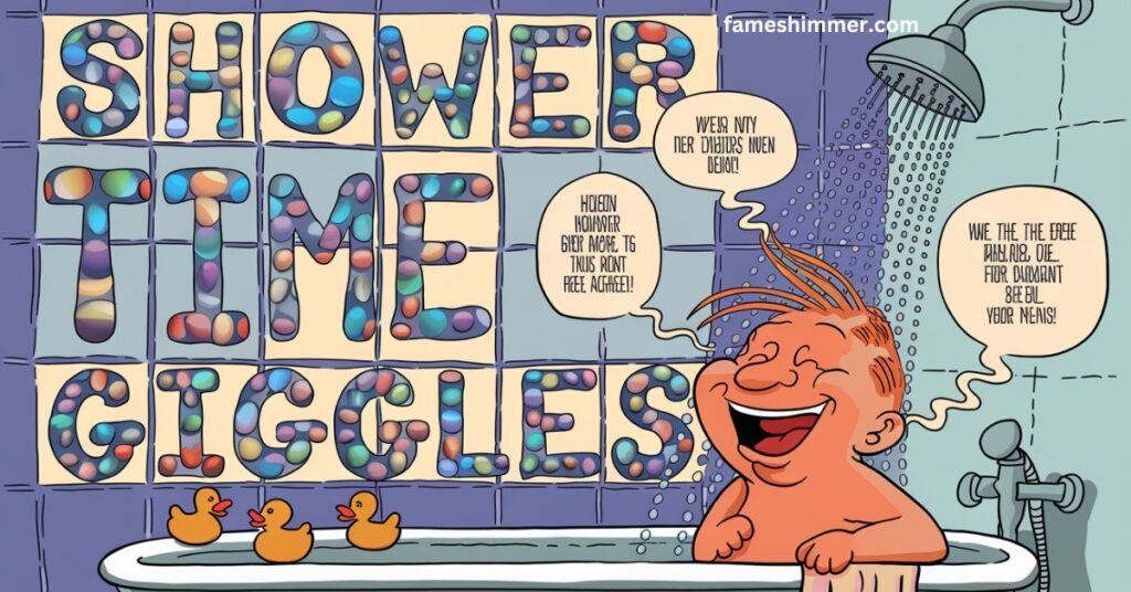 A cartoon character enjoys a bath, surrounded by bubbles, with the playful text "Shower Time Giggles" above.