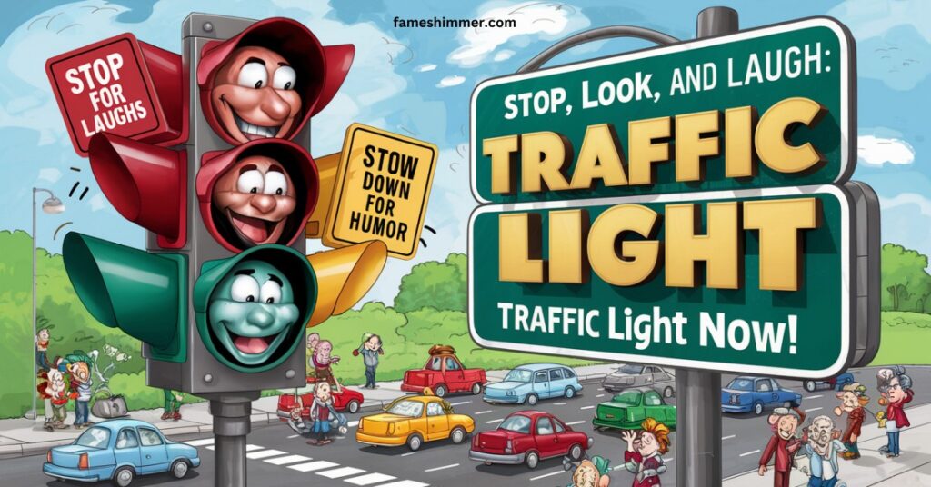 A whimsical traffic light sign illustrated with playful cartoon characters, showcasing vibrant colors and fun expressions.