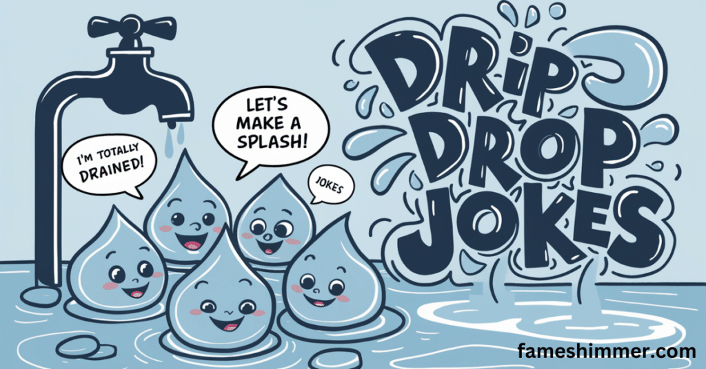 A colorful cartoon featuring the phrase "drop drop jokes" in playful lettering against a vibrant background.