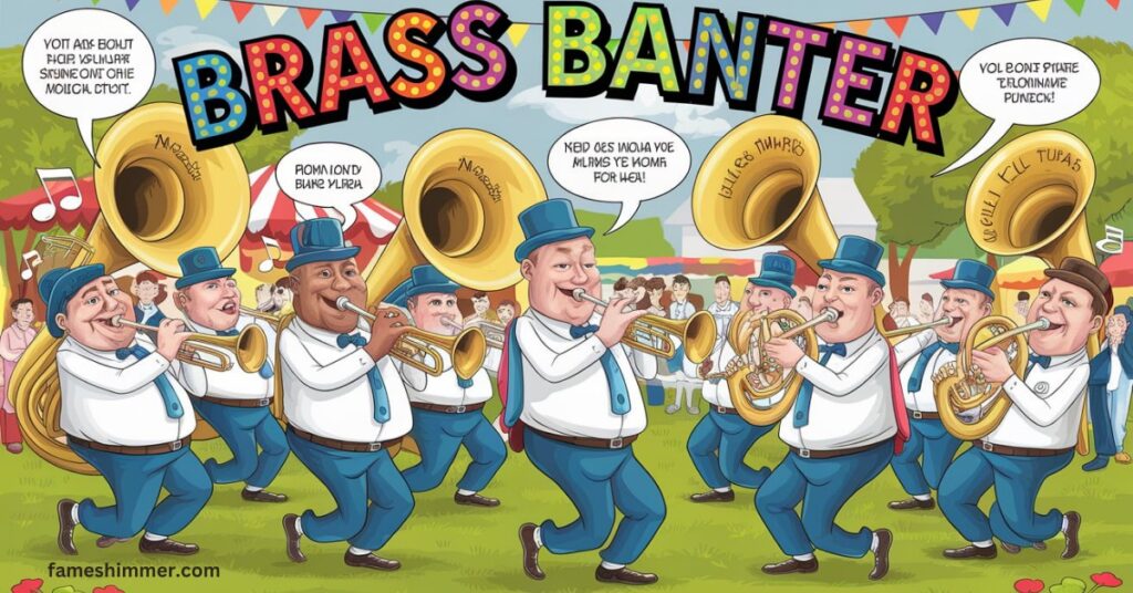  Cartoon depicting brass band members energetically playing trombones, showcasing vibrant colors and lively expressions.