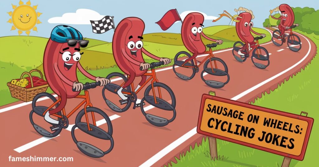 A humorous illustration of a sausage on wheels, embodying the spirit of cycling jokes and playful fun.
