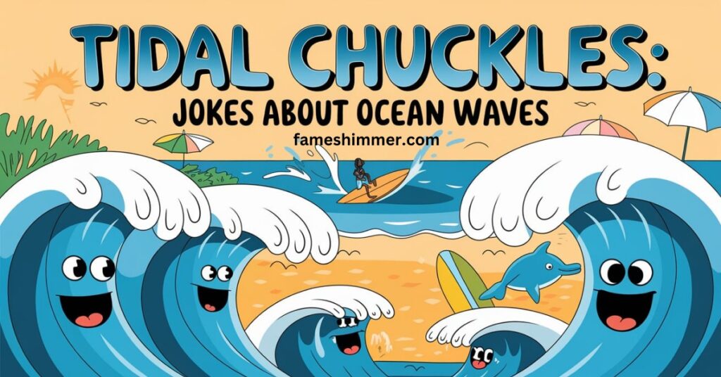 An engaging image depicting ocean waves, accompanied by lighthearted jokes and playful commentary about tidal chuckles.