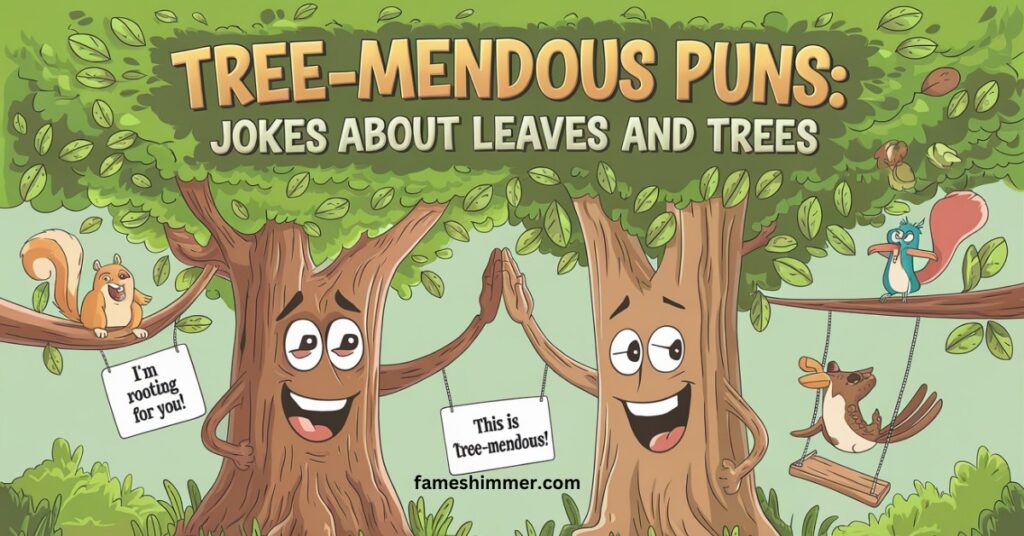 A creative depiction of tree-related puns, highlighting the fun and clever wordplay surrounding leaves and trees.