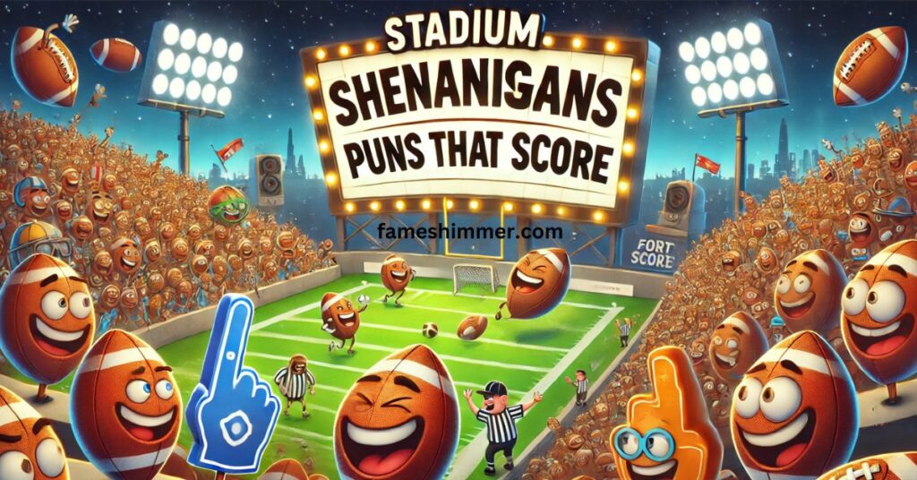 A creative depiction of amusing puns centered around stadium fun and scoring moments in athletic events.