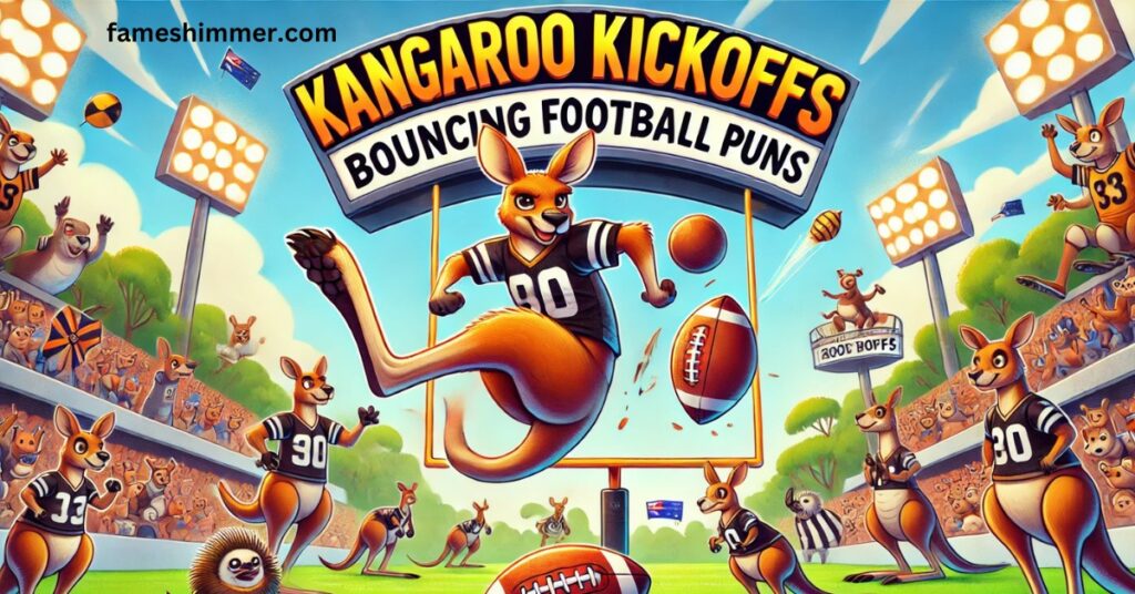  A lively kangaroo kicks a football, demonstrating agility and strength as it bounces across a grassy field.