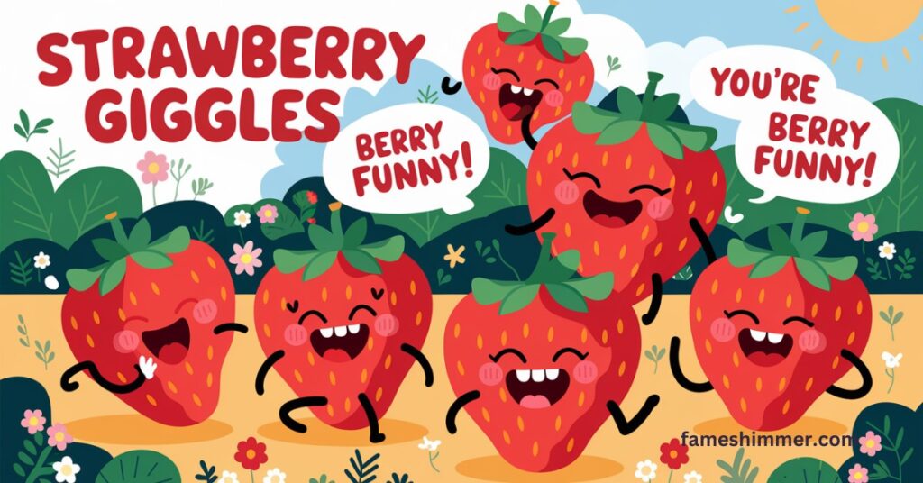 A delightful depiction of strawberry giggleies, featuring their cheerful faces and vivid red hues in a playful arrangement.