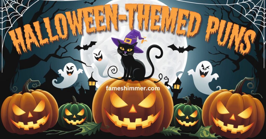 Creative Halloween puns illustrated with vibrant colors, showcasing humorous and festive wordplay for the holiday.