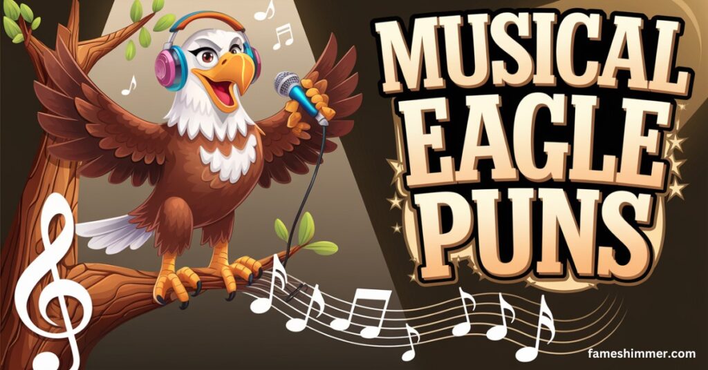 A playful screenshot thumbnail displaying an eagle surrounded by musical elements, highlighting amusing eagle-themed puns.