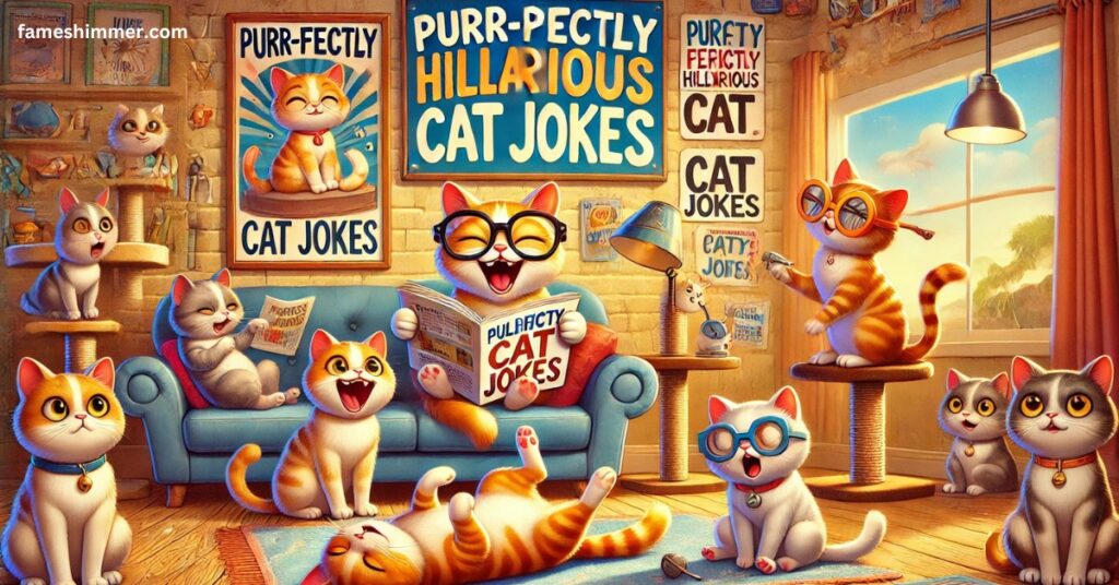 A vibrant illustration featuring a series of funny cat jokes, highlighting the whimsical nature of cats.