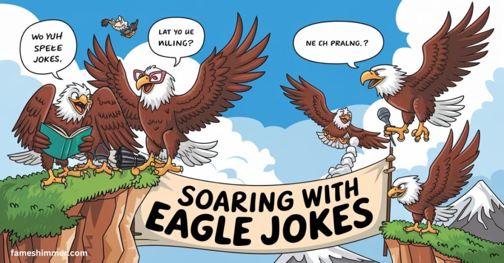 An eagle soaring through the sky, surrounded by playful jokes that highlight its impressive wingspan and aerial prowess.
