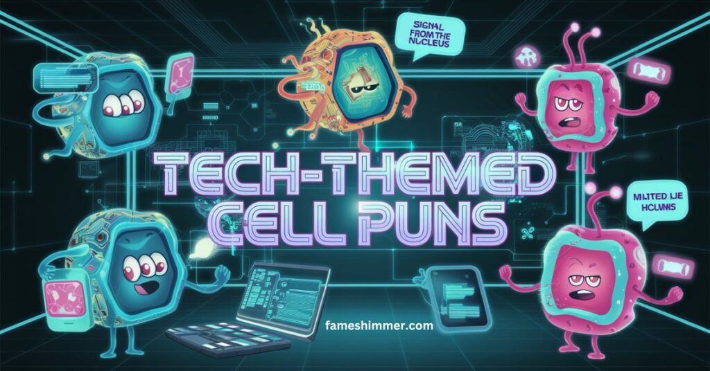  A collection of humorous cell-themed puns related to technology, featuring playful wordplay and vibrant graphics.
