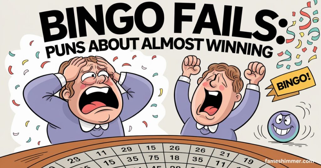  A humorous illustration depicting various bingo cards with puns about near wins and funny bingo fails.