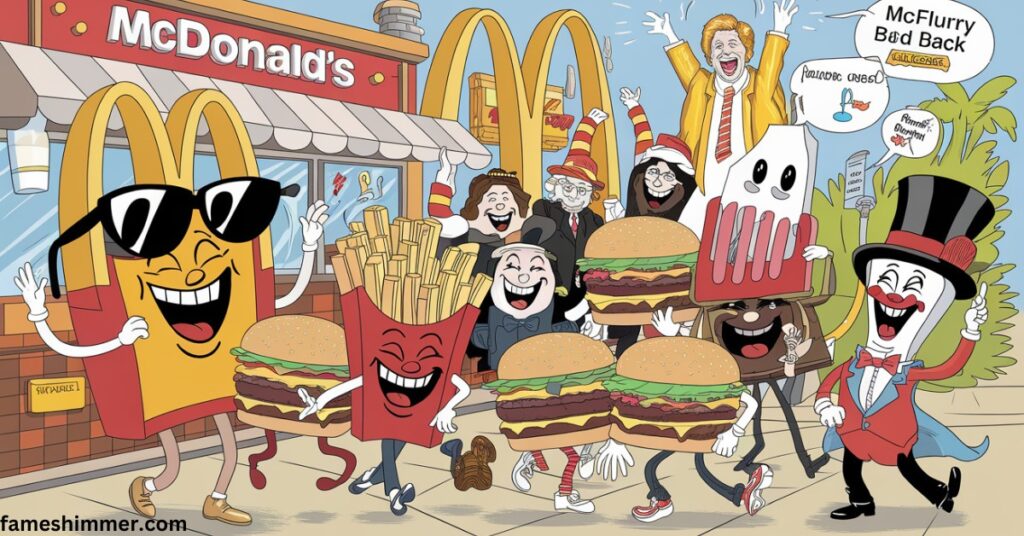 A colorful cartoon depicting people joyfully enjoying hamburgers and fries together in a lively setting.