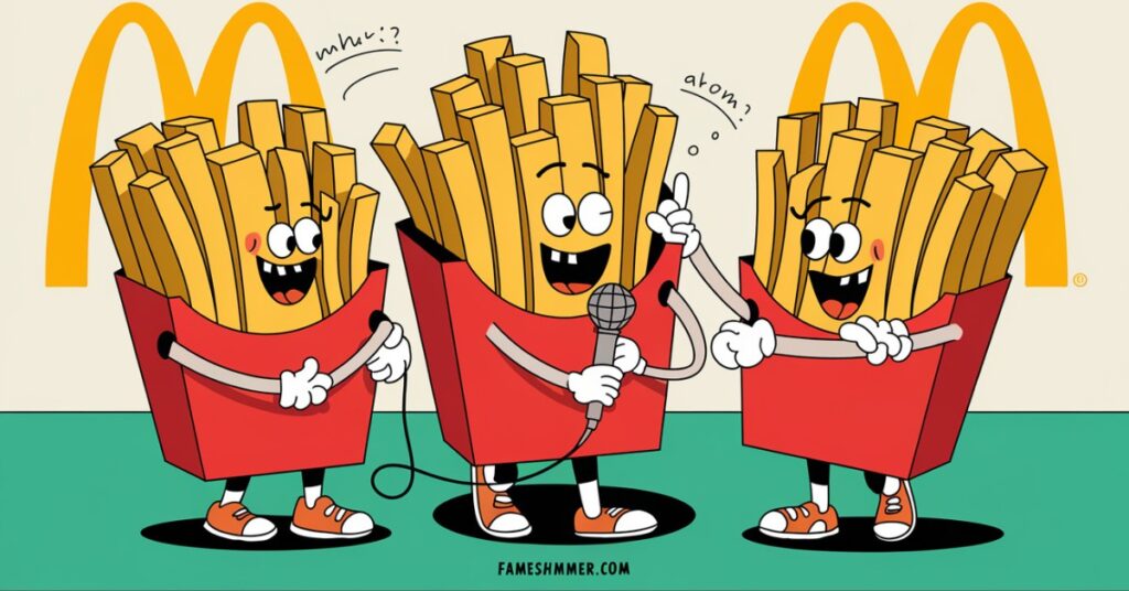 A creative display featuring three French fries next to a microphone, blending food and music themes.