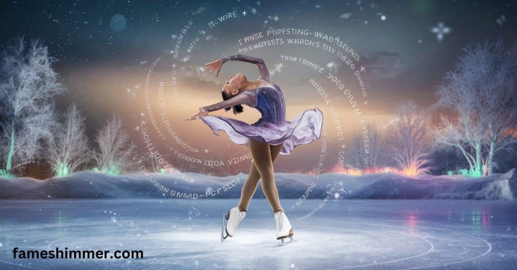 A woman gracefully skates on a frozen lake, wearing a flowing dress that billows in the cold winter air.