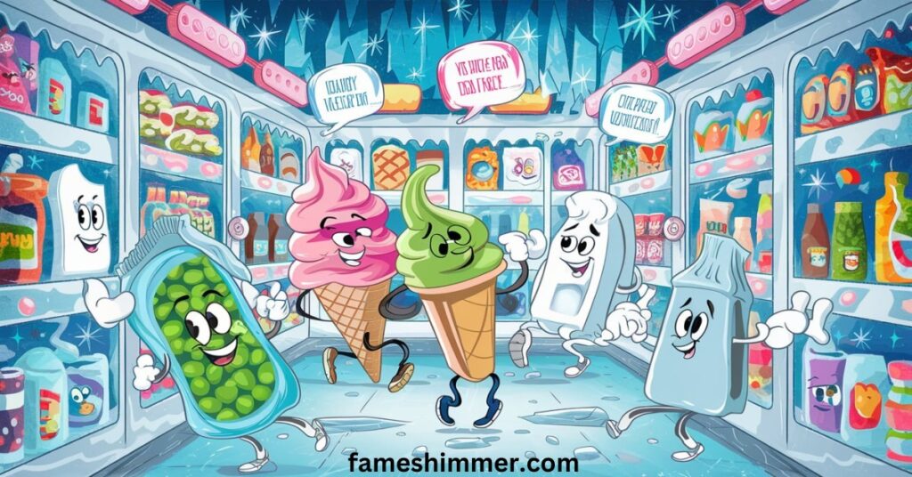 A cheerful assortment of cartoon ice cream cones arranged in a supermarket, highlighting their playful colors and shapes.