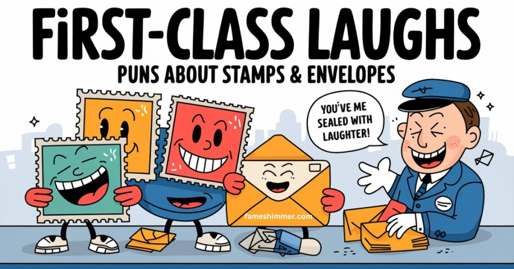 An assortment of vibrant stamps and envelopes, featuring playful illustrations that bring a sense of humor to first-class correspondence.