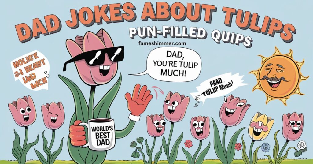 A whimsical illustration of cups featuring dad jokes about tulips, showcasing playful puns and vibrant floral designs.
