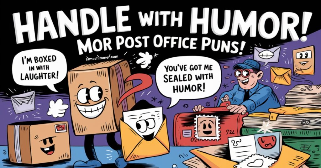 A humorous graphic showcasing clever post office puns, promoting a fun perspective on postal services and correspondence.