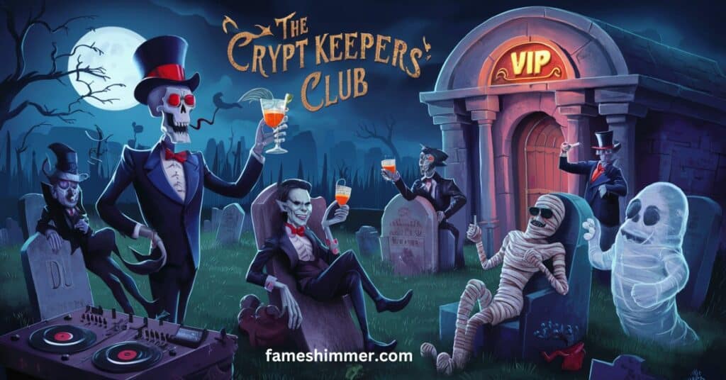 A mysterious gathering of eerie figures in a dimly lit room, embodying the essence of the Creepy Keepers Club.